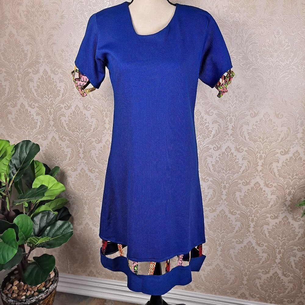 Sarah Sackey Cobalt Blue Sheath Dress with Colorful Cutout Cage Detail Short Slv